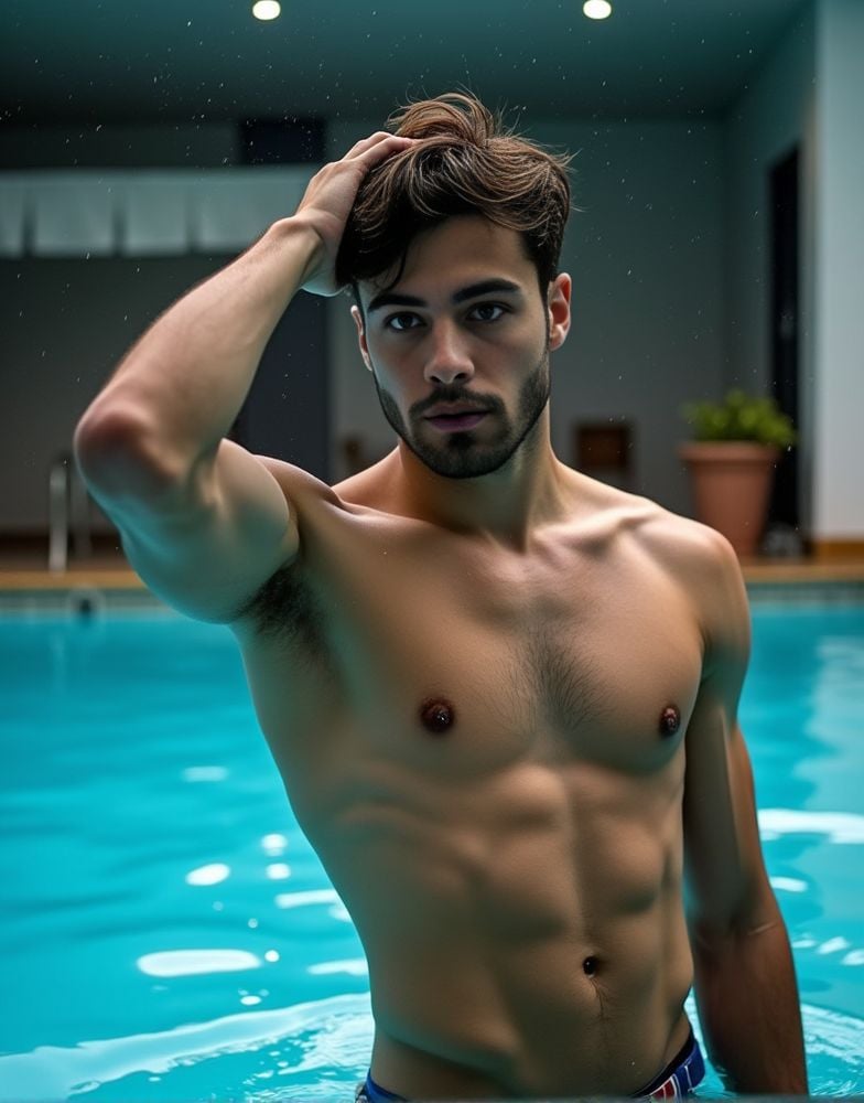 Jules Bouyer ,  emerging from a swimming pool. water dripping from his sculpted body. brushing his wet hair back with one...