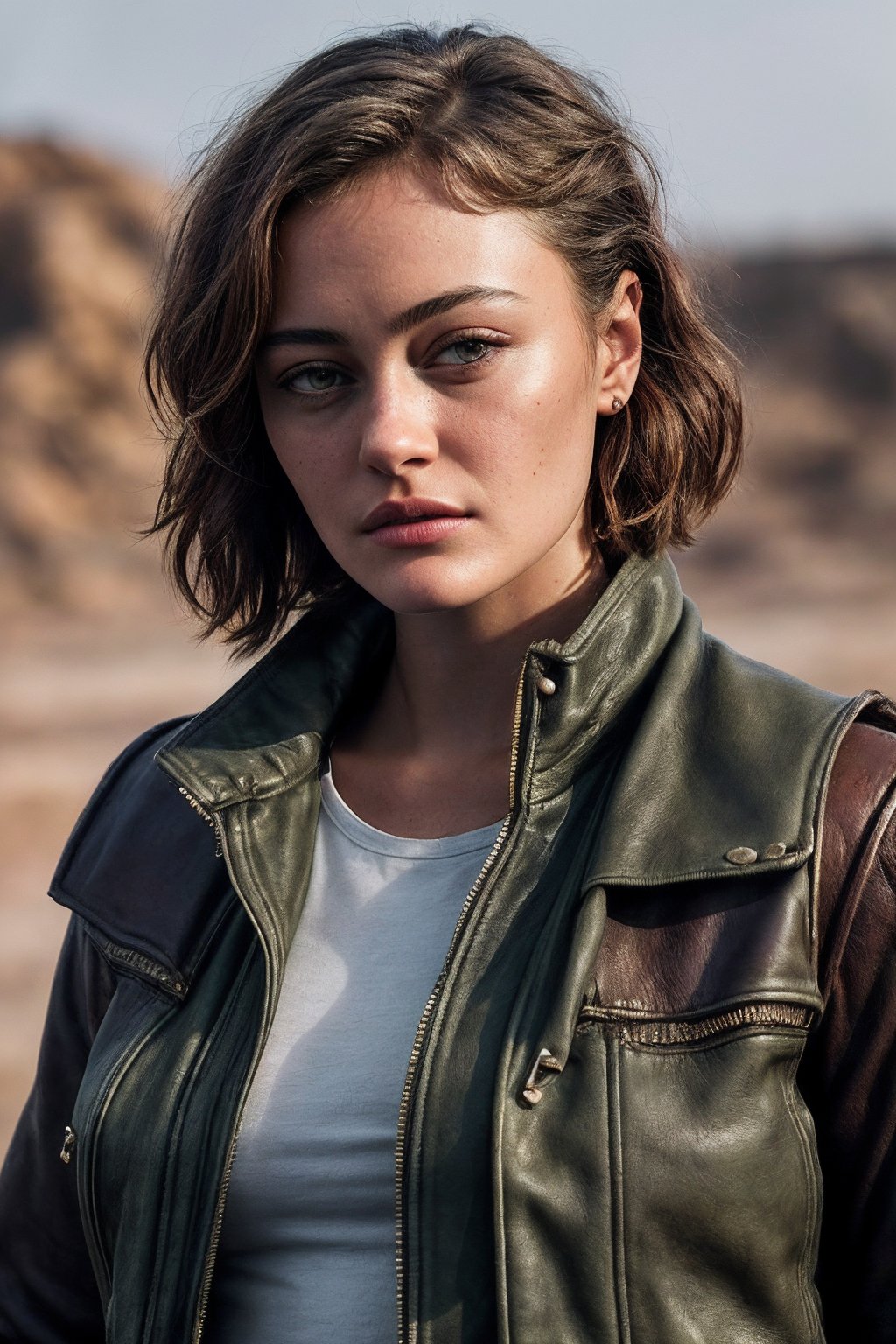 EllaP_SoloTI_v1,  (In a rugged,  post-apocalyptic outfit featuring a worn leather jacket layered over a distressed by Solo...