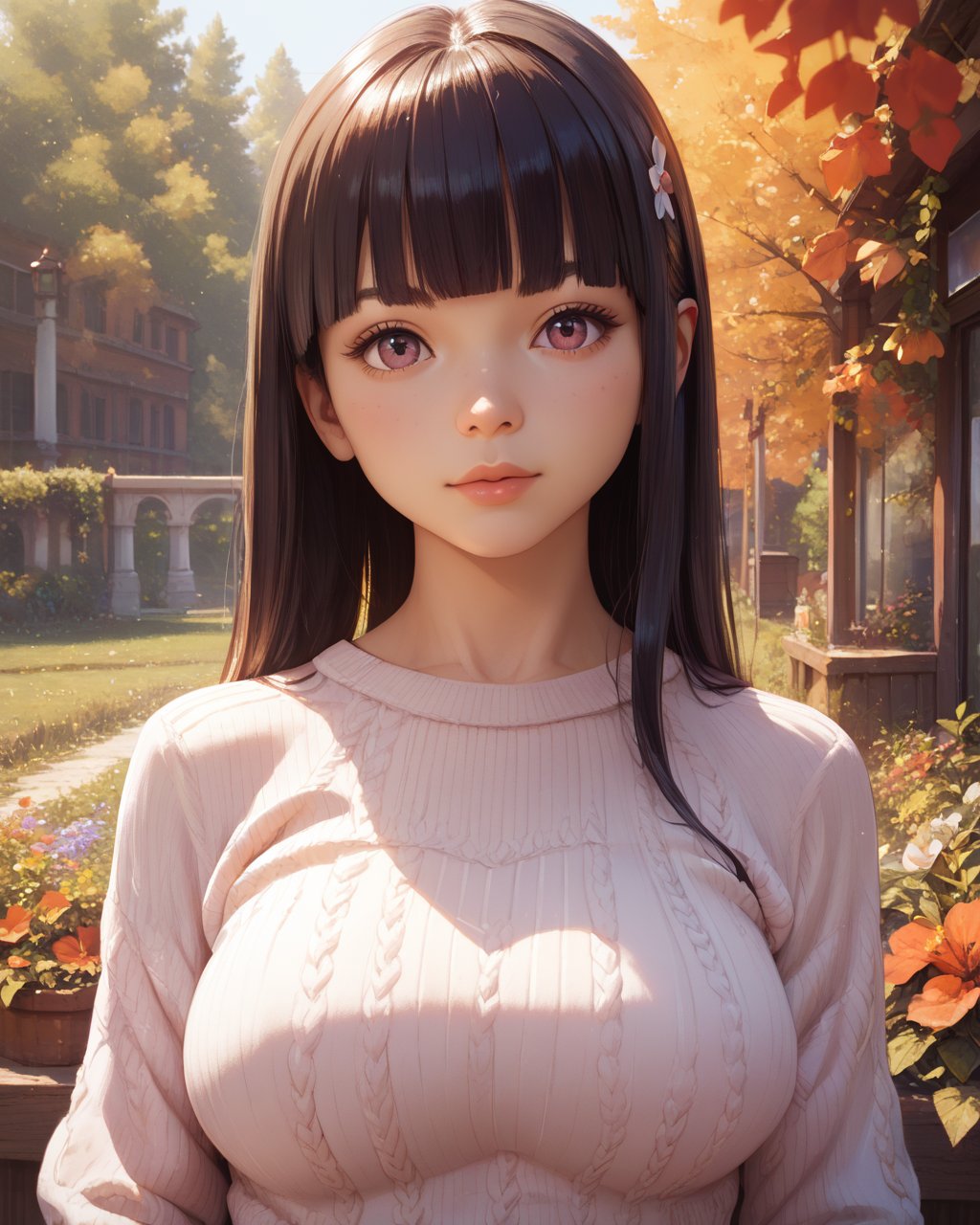 score_9,score_8_up,score_7_up,Large breasts,facing viewer,Portrait,Cropped sweater,Sweater,1girl,solo,Detailed face,illustrated,cowboy shot,outdoors,hime cut,