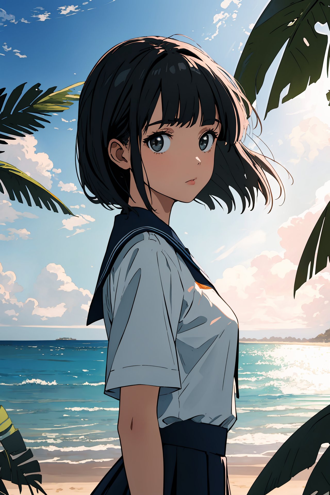 (best quality, masterpiece, highres),extremely detailed,1girl,solo,blunt bangs,black hair,looking at viewer,wind,sunlight,summer,summer uniform,beach,backlighting,