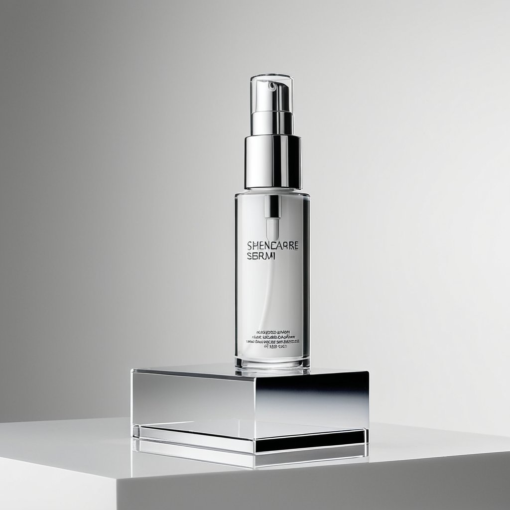 a skincare serum bottle elevated on a clear acrylic display riser against a soft neutral gradient,  clean bright studio li...