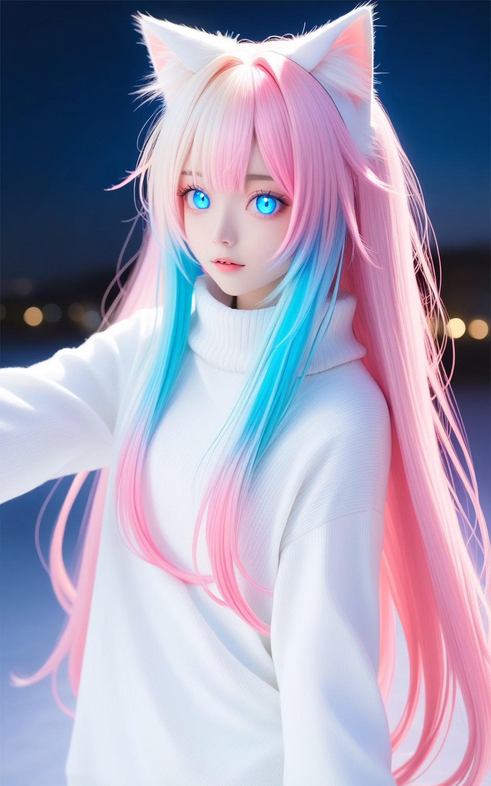 1girl, solo, cat ears, multicolored hair, ((gradient hair), white+(blue)+(pink:0.5) hair//), very long hair, messy hair, bangs, ahoge, ((gradient eyes), pink+light_blue eyes//), slit pupils, glowing eyes, 1fang,:o,white sweater,, masterpiece, best quality,