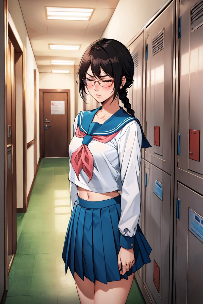 masterpiece, best quality, 1girl,  <lora:yadoumarulisa-nvwls-v1-000010:0.8> yadoumarulisa, single braid, glasses, serafuku, long sleeves, blue skirt, pleated skirt, midriff, annoyed, looking at viewer, furrowed brow, blush, closed eyes, hallway, lockers