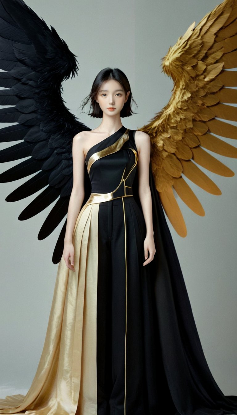 <lora:xl-shanbailing-0112yin_yang:0.75>,(1girl:1.2),wings,(solo:1.2),((left and right different colors)),color patches,contrast,concept clothing,garment draping,left gold right black,