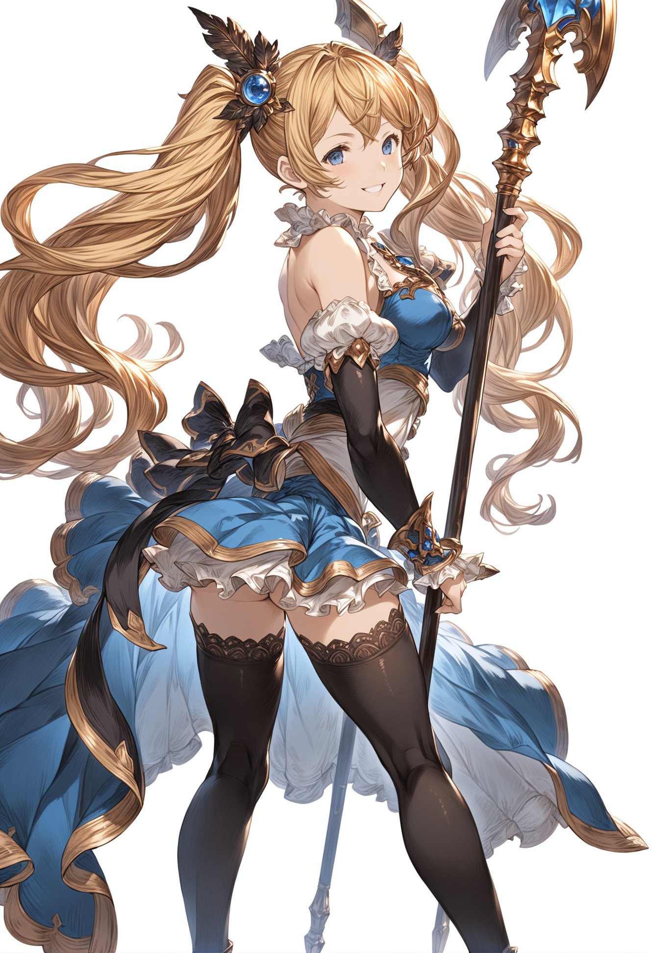 granblue, 1girl, black_legwear, blonde_hair, blue_eyes, dress, full_body, gradient_hair, hair_ornament, holding, long_hair, looking_at_viewer, multicolored_hair, polearm, simple_background, smile, solo, thighhighs, twintails, weapon, white_background,shaded face, intricate detail, cinematic lighting, amazing quality, amazing shading, detailed Illustration, official artwork, wallpaper, extremely detailed eyes and face, beautiful detailed eyes, ((masterpiece, best quality)),from side, dynamic pose, dutch angle,<lora:granblue_fantasy_style_xl:0.8>