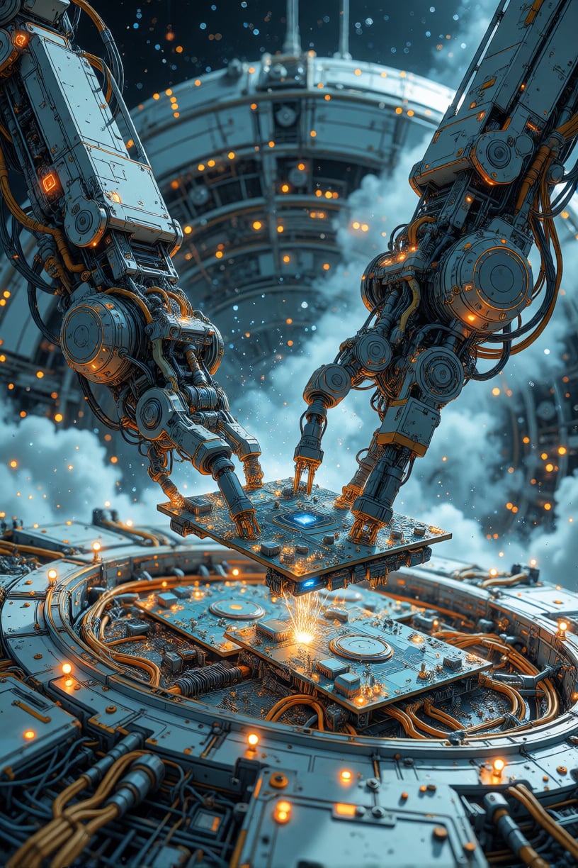YFG-L3ms mechanical arms delicately placing circuit boards into gigantic satellite shells,  cosmic dust drifting in the ba...