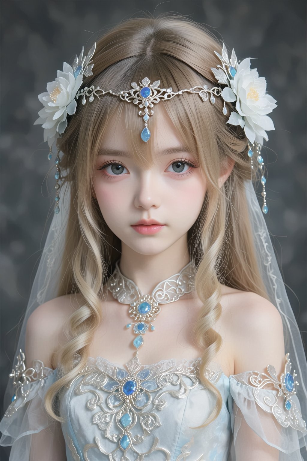full body for a girl,  with strands cascading down her shoulders. She wears a delicate silver headpiece adorned with intri...