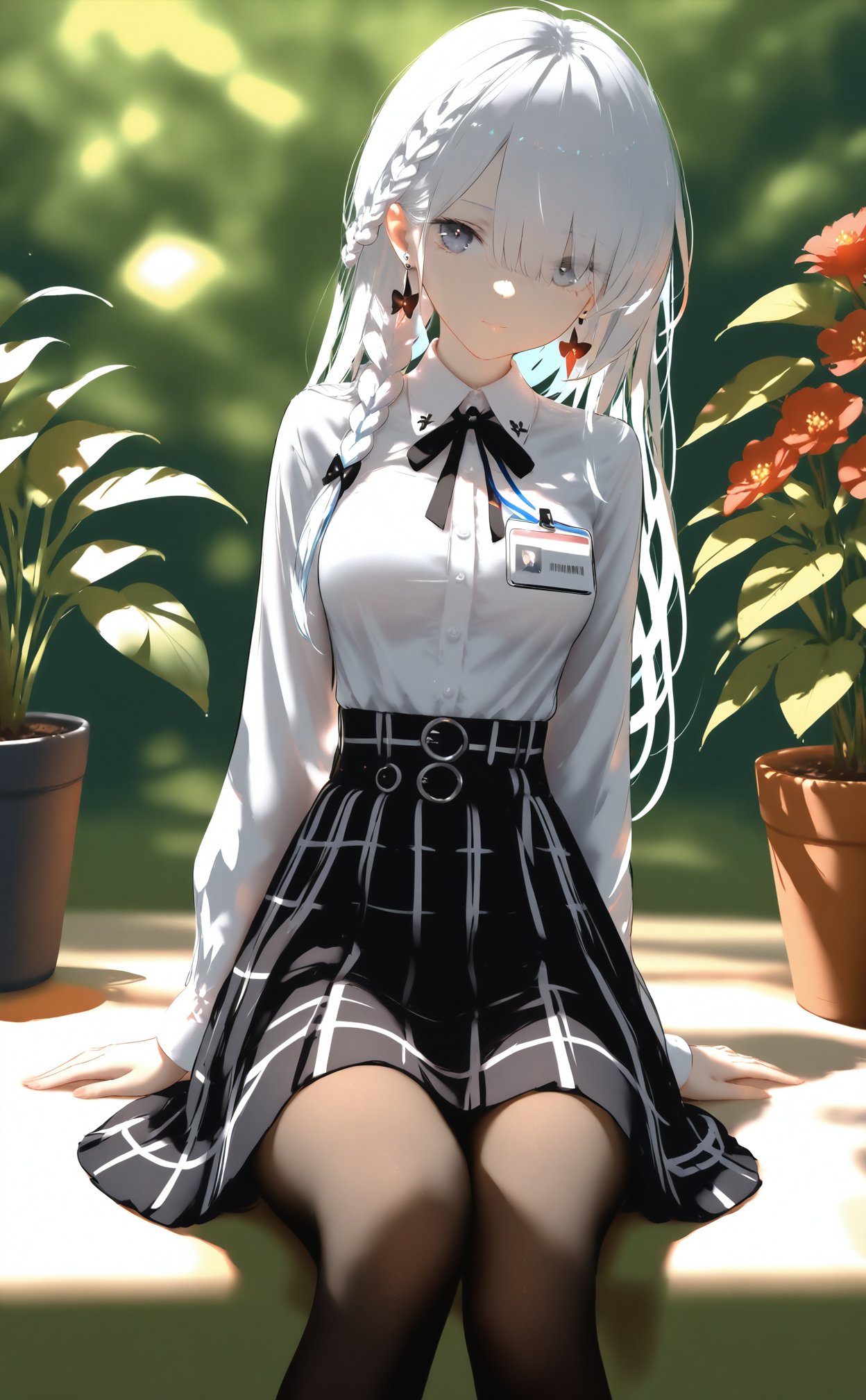 masterpiece,best quality,high quality,(colorful),nai3 Style,loli,1girl,solo,sitting,skirt,shirt,pantyhose,long hair,earrings,white shirt,jewelry,white hair,braid,id card,long sleeves,breasts,shirt tucked in,holding,grey eyes,ribbon,looking at viewer,bow,belt,collared shirt,closed mouth,black skirt,blurry,high-waist skirt,hair over one eye,black pantyhose,leaf,knee up,hair between eyes,flower,dutch angle,blurry background,feet out of frame,brown pantyhose,black bow,day,black belt,plaid skirt,plant,plaid,neck ribbon,side braid,red flower,arm support,medium breasts,sunlight,