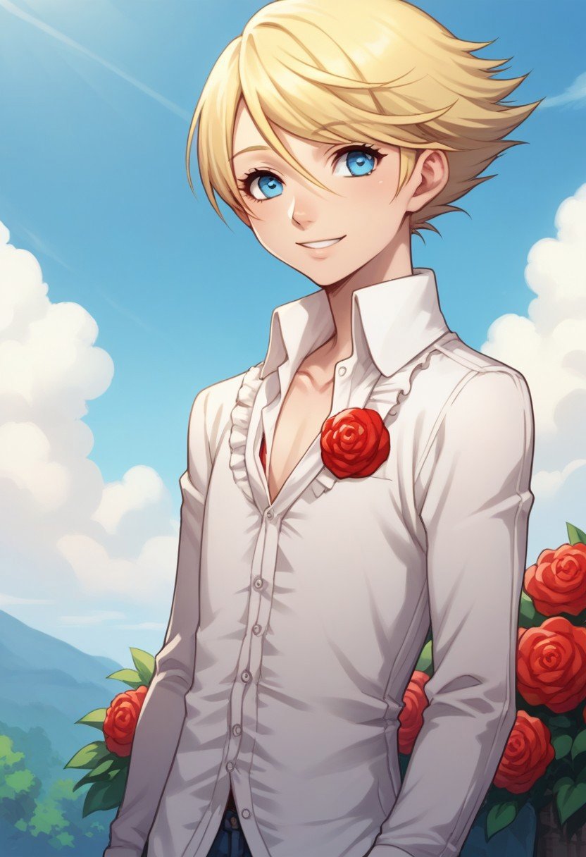 score_9, score_8_up, score_7_up, source_anime, highly detailed, teddie, solo, 1boy, male focus, blonde hair, blue eyes, male focus, flower, rose, smile, red rose, red flower, shirt, androgynous, upper body,outdoor, sky, tree, day, clouds,