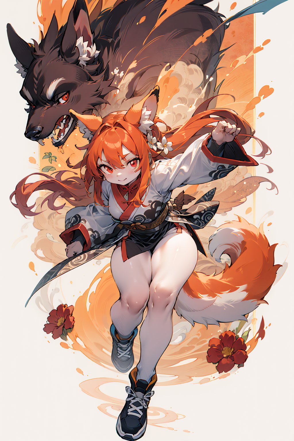 best hands,best quality,(masterpiece,ultra detailed 8k art,illustration),kung fu, (human face,human legs, 1 girl,drooping ears dog),out door, chinese clothes,orange long hair, (orange drooping ears),(drooping ears:1.2), orange tail, red eyes,flower garden,  looking up at the sky BREAKsmile,(full body), kung fu shoes