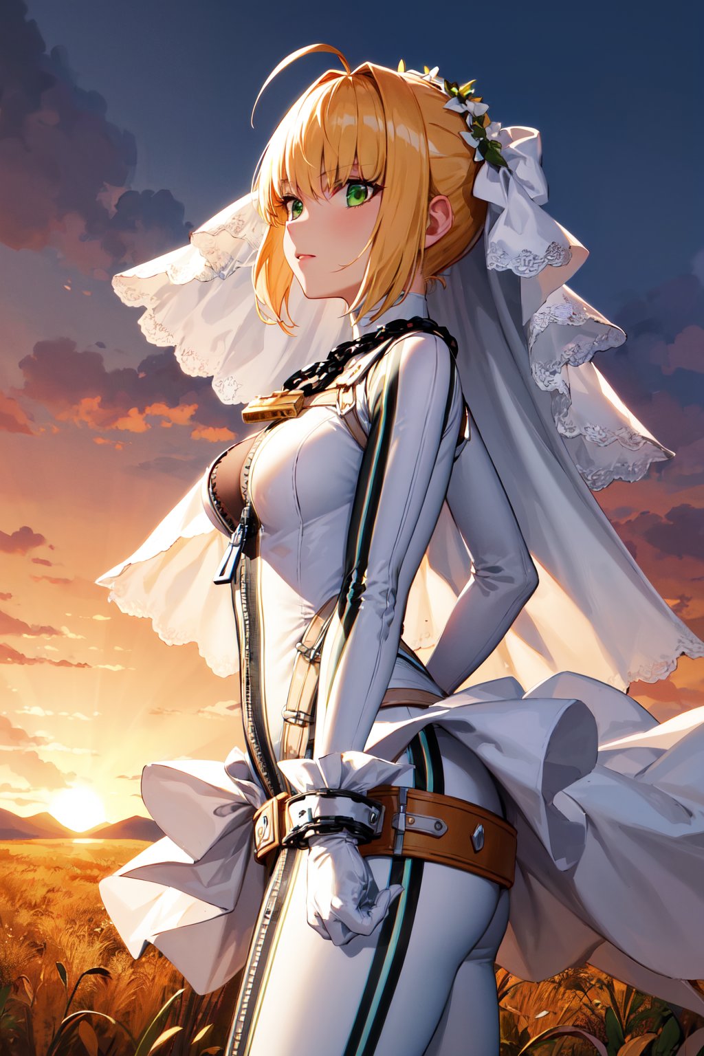 masterpiece, best quality, highres, aanero, ahoge, veil, green eyes, chain, padlock, (white bodysuit:1.2), zipper, white gloves, belt, frills, white dress, <lora:nero_claudius_(fate)_v1:0.7>, from side, sunset, field, standing