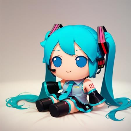 score_9, score_8_up, score_7_up, fumo \(doll\), chibi, realistic, solo, 1girl, hatsune miku, smile, sitting, blue hair, twintails, headset, blue eyes, sleeveless shirt, blue necktie, detached sleeves, black skirt, black thighhighs <lora:style_toyfumo_ponyXL-000006:1>