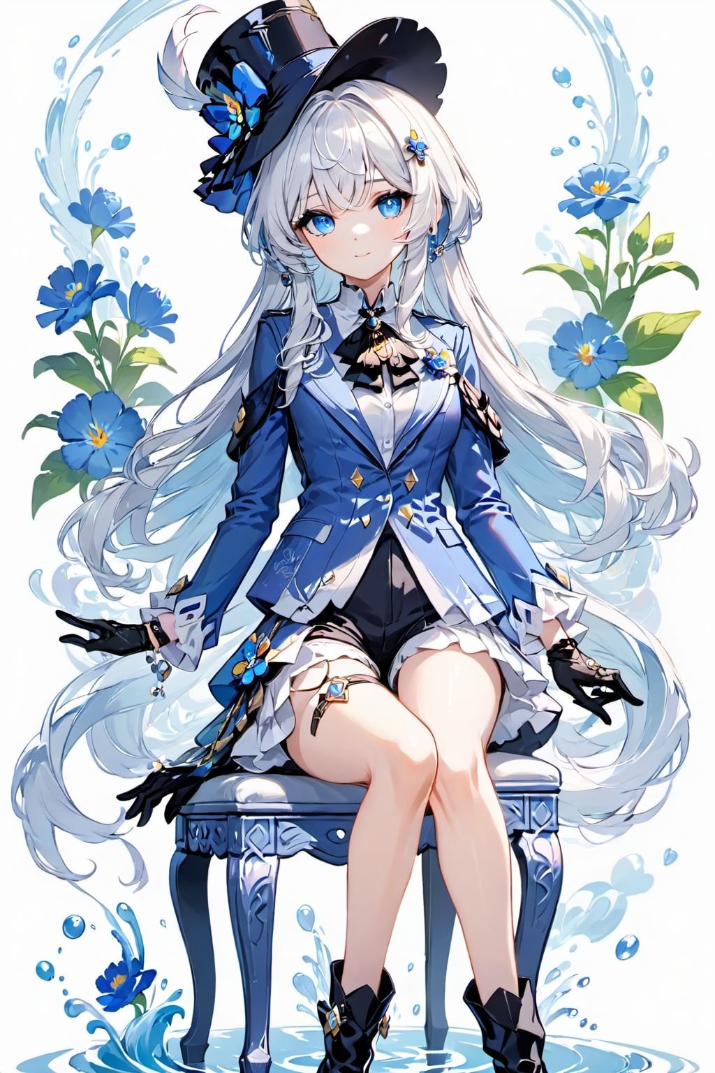 masterpiece,best quality,cinematic,dynamic lighting,Furina,1girl,solo,long hair,looking at viewer,smile,bangs,blue eyes,simple background,shirt,gloves,long sleeves,hat,white background,bow,hair between eyes,jewelry,sitting,closed mouth,blue hair,jacket,full body,white shirt,flower,ahoge,white hair,boots,frills,shoes,shorts,black gloves,white gloves,signature,water,black footwear,dated,ascot,thigh strap,crossed legs,blue jacket,brooch,blue headwear,blue flower,white shorts,tilted headwear,blue coat,<lora:原神水神芙宁娜XL:1>,