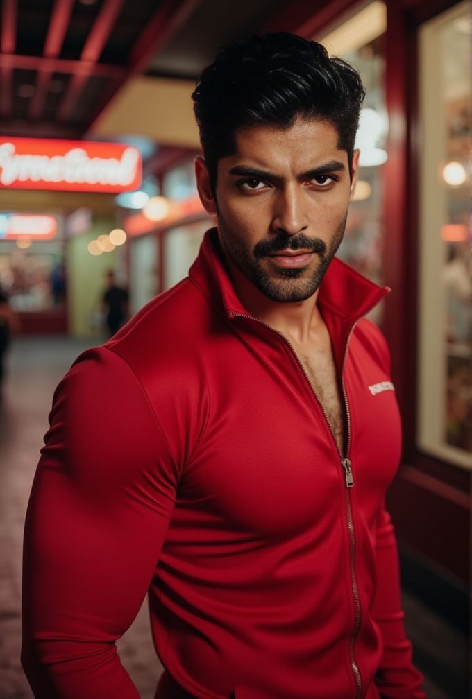 Smaran Sahu ,  realistic photo in a worn ((skin-revealing skimpy erotic red tracksuit,  massive pecs)) by HottiesnHotties...