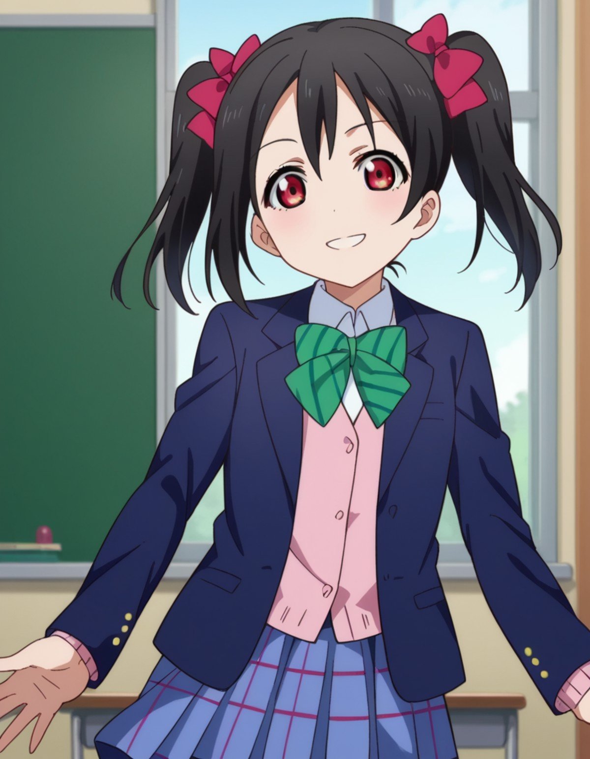 score_9, score_8_up, score_7_up, source_anime,nikoyazawa, <lora:nico-yazawa-s1-ponyxl-lora-nochekaiser:1>,niko yazawa, black hair, red eyes, bow, twintails, hair bow,skirt, school uniform, jacket, blazer, winter uniform, otonokizaka school uniform,indoors, classroom, smile,looking at viewer, cowboy shot, dutch angle,