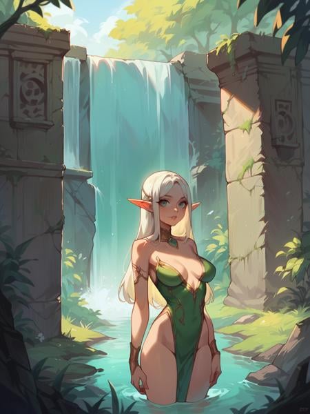 score_9, score_8_up, score_7_up, score_6_up, 1girl, elf, long hair, looking at viewer,  <lora:d3c4yXLP:0.5> d3c4y, overgrown, cowboy shot, ruins, plants, waterfall, ruins