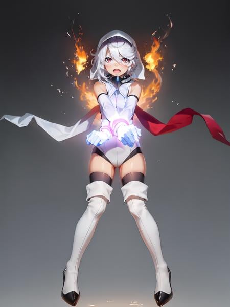 (extremely detailed CG), (best quality), 1girl, perfect face, shiny skin, lustrous skin, wide hips,narrow waist, <lora:ShyTeru-10:0.8>shy, gloves, elbow gloves, thighhighs, white gloves, leotard, short hair, white hair, boots, red eyes, white leotard, bare shoulders, hair between eyes, high heels, (mask:1), belt, scarf,hood,angry, determined, fire on arms, fire background,background, face_mask,(clenched hands:1), angry