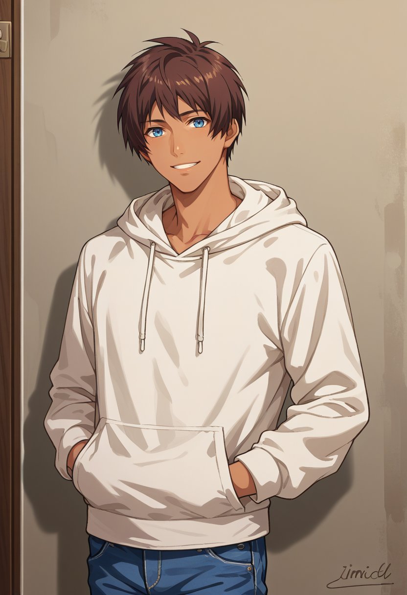 score_9, score_8_up, source_anime, 1boy, solo, AijimaCecil, dark skin, brown hair, blue eyes, short hair, white hoodie, jeans, hands in pockets, smile, <lora:ChamAijimaCecilPonyXL:1>