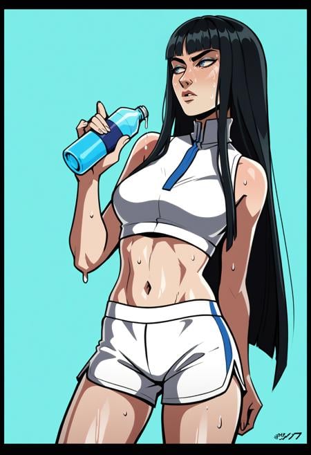 score_9, score_8_up, score_7_up, score_6_up, score_5_up, score_4_up,BREAK1girl, kiryuuin satsuki, black hair, blunt bangs, blunt ends, straight hair,BREAKwhite crop top, white sport shorts, sweat, holding bottle, looking away,BREAKcyan background, simple background, <lora:Lunas-Ponpu-PompkinSinclair-SDXL-A1:1>