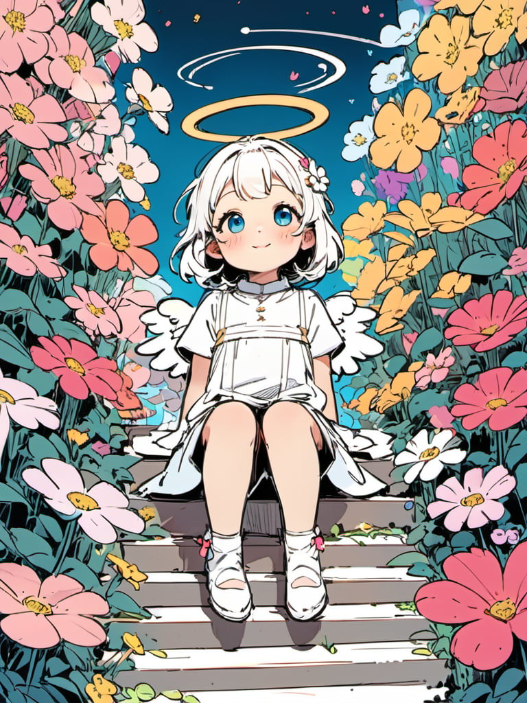 <lora:luXL毛躁手绘Fuzzylines_lora_resized:0.6>, fuzzylines, sketch, a cute little angel sitting on the stairs upwards to the heaven in the sky, many flowers, 