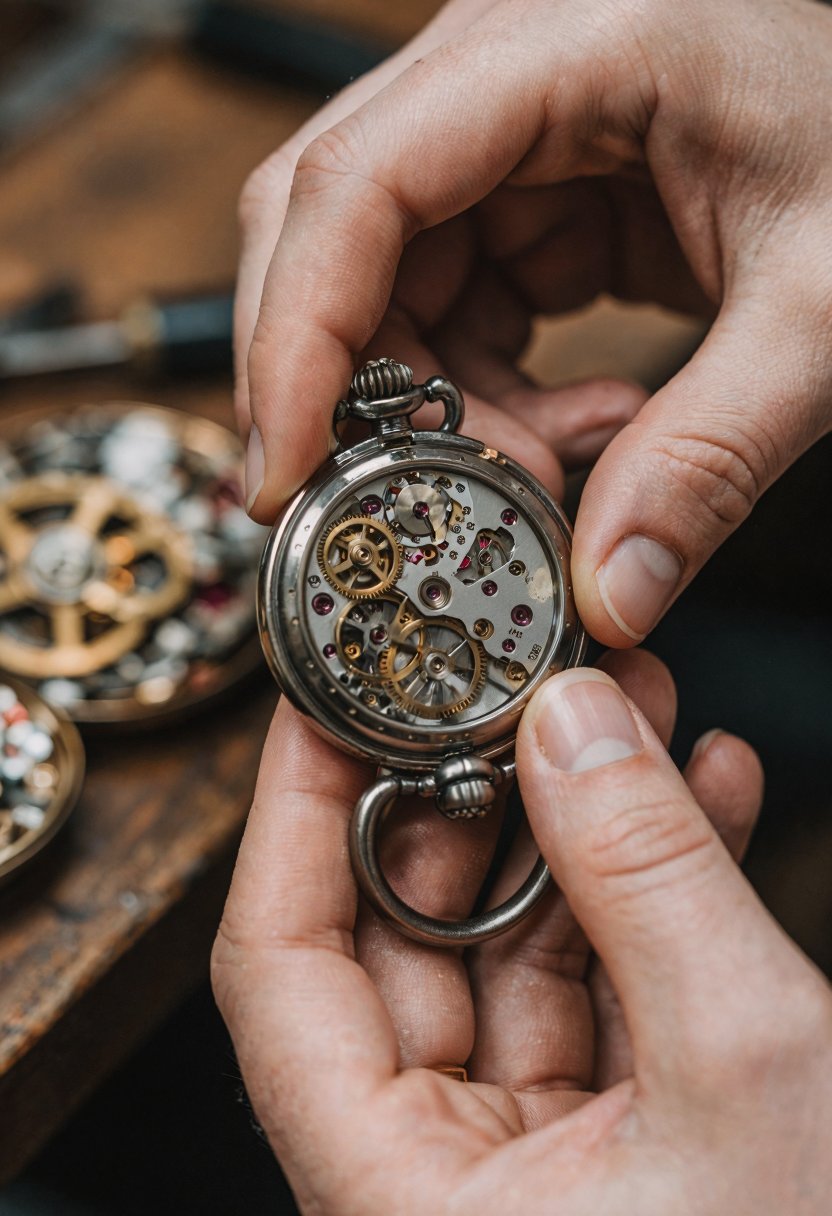 masterpiece,  woman carefully assembling a mechanical pocket watch with both hands,  intricate gears by Electric Dreams on...