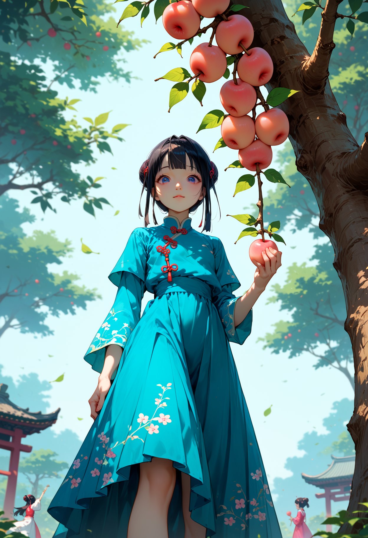 girls wearing cute chinese long dresses,hanfu,standing on a peach tree picking peaches,from_below,, score_9,score_8_up,score_7_up,masterpiece,best quality,8k,