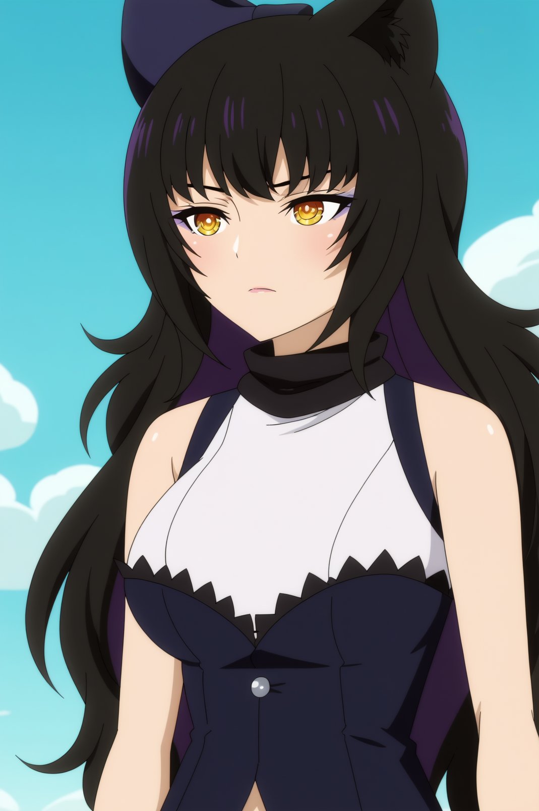 blake belladonna,anime screencap,1girl,solo,mature,long hair,bow,hair bow,standing,makeup,breasts,animal ears,cat ears,bangs,eyeshadow,sleeveless,close up,sky,cloud <lora:Blake Belladonna - RWBY.safetensors:0.8>