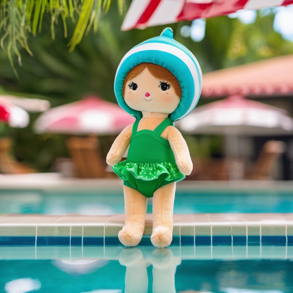 A( pluche doll:1.2), that has dipped its leg in swimming pool wearing swimming costume, the background is a pool bar counter with its canopy striped green and white <lora:BTC_poolbar set2-000001:1>