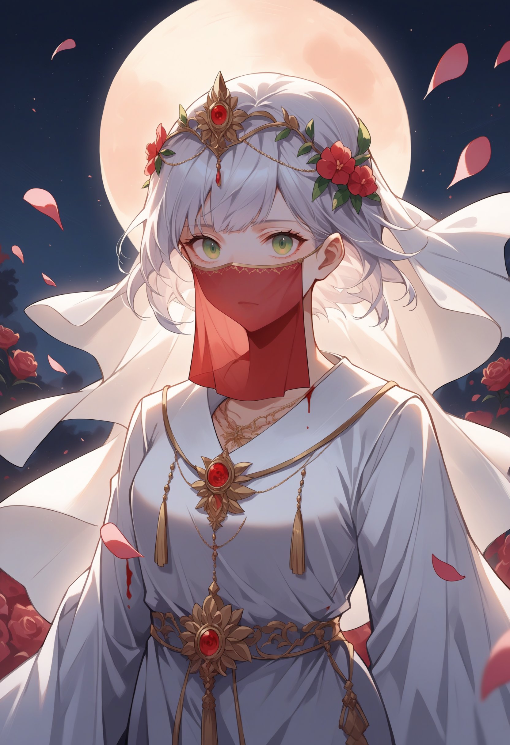 score_9, score_8_up, source_anime, Strong female, green eyes, short silver hair, white robe, fov, f/1.8, masterpiece, (veil, mouth veil), blood moon, night, flower petals flying, front portrait shot, side light, moonlight shining on people, 8K, 