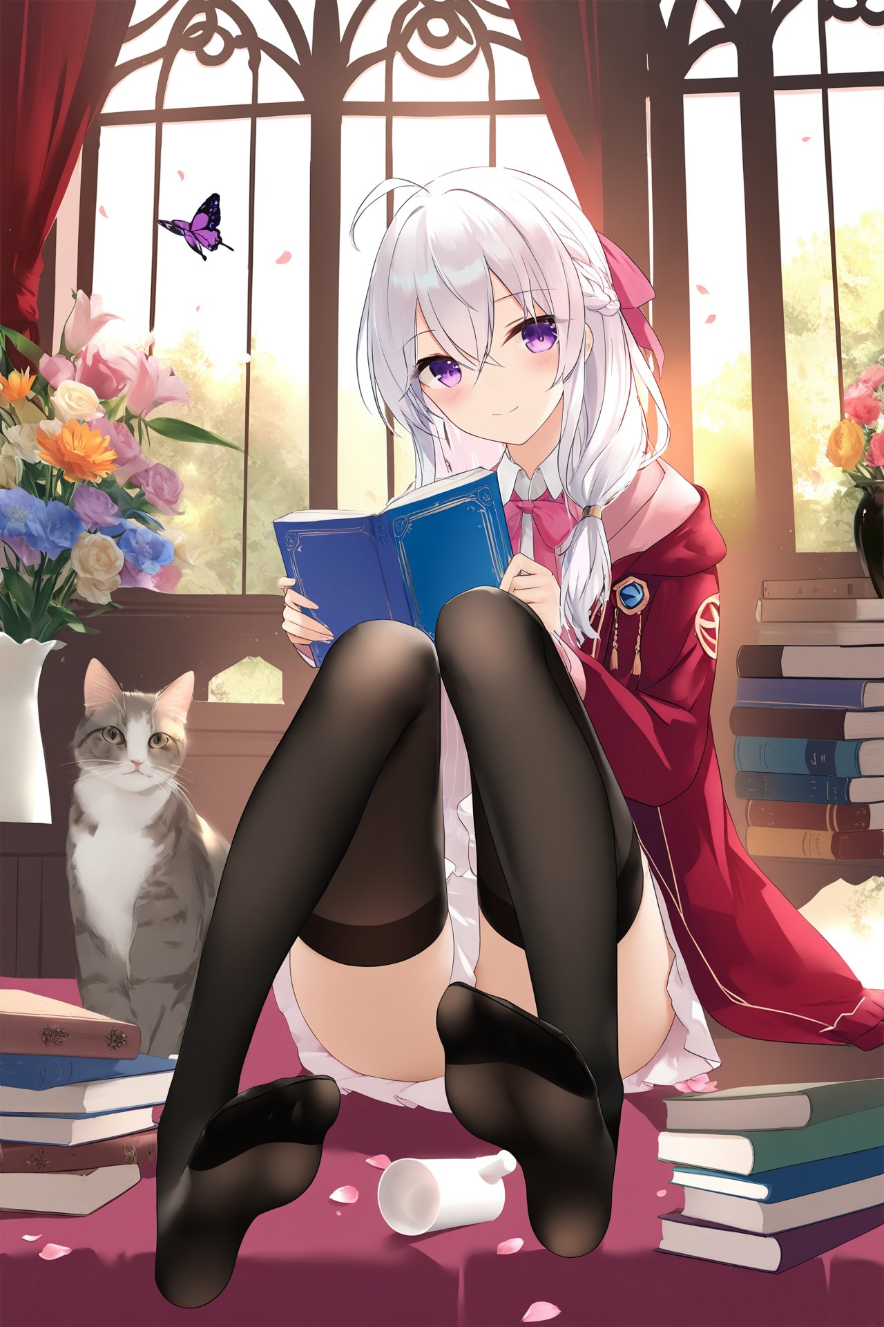 masterpiece,best quality,illustration,ultra detailed,hdr,Depth of field,(colorful),[Artist wlop],[Artist chen bin],[Artist omone hokoma agm],Artist azuuru, elaina \(majo no tabitabi\), 1girl, ahoge, thighhighs, book, cat, window, smile, solo, sitting, flower, cup, long hair, black thighhighs, holding, indoors, hair between eyes, purple eyes, striped dress, white hair, day, bow, closed mouth, butterfly, ribbon, long sleeves, vertical-striped dress, petals, dress, vase, no shoes, holding cup, blush, knees up, bug, jacket, cover image, hair ribbon, looking at viewer, hair over shoulder, animal, collared shirt, shirt, holding book, soles, book stack