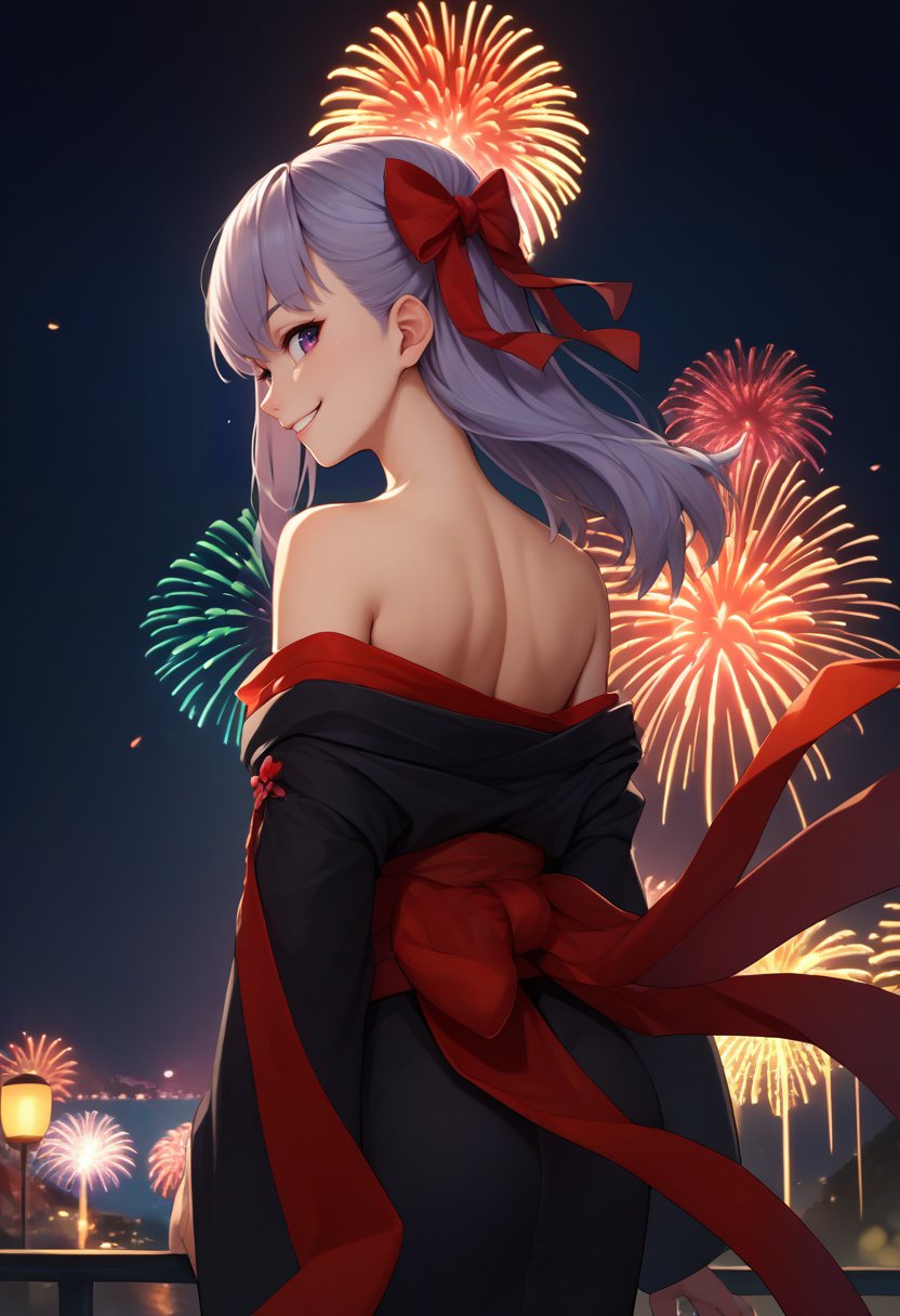 score_9, score_8_up, score_7_up, source_anime, from behind, 1girl, bbdef, smile, looking back, hair ribbon, black kimono, off shoulder, red sash, bare shoulders, fireworks <lora:fate_bb_ponyXL:1>