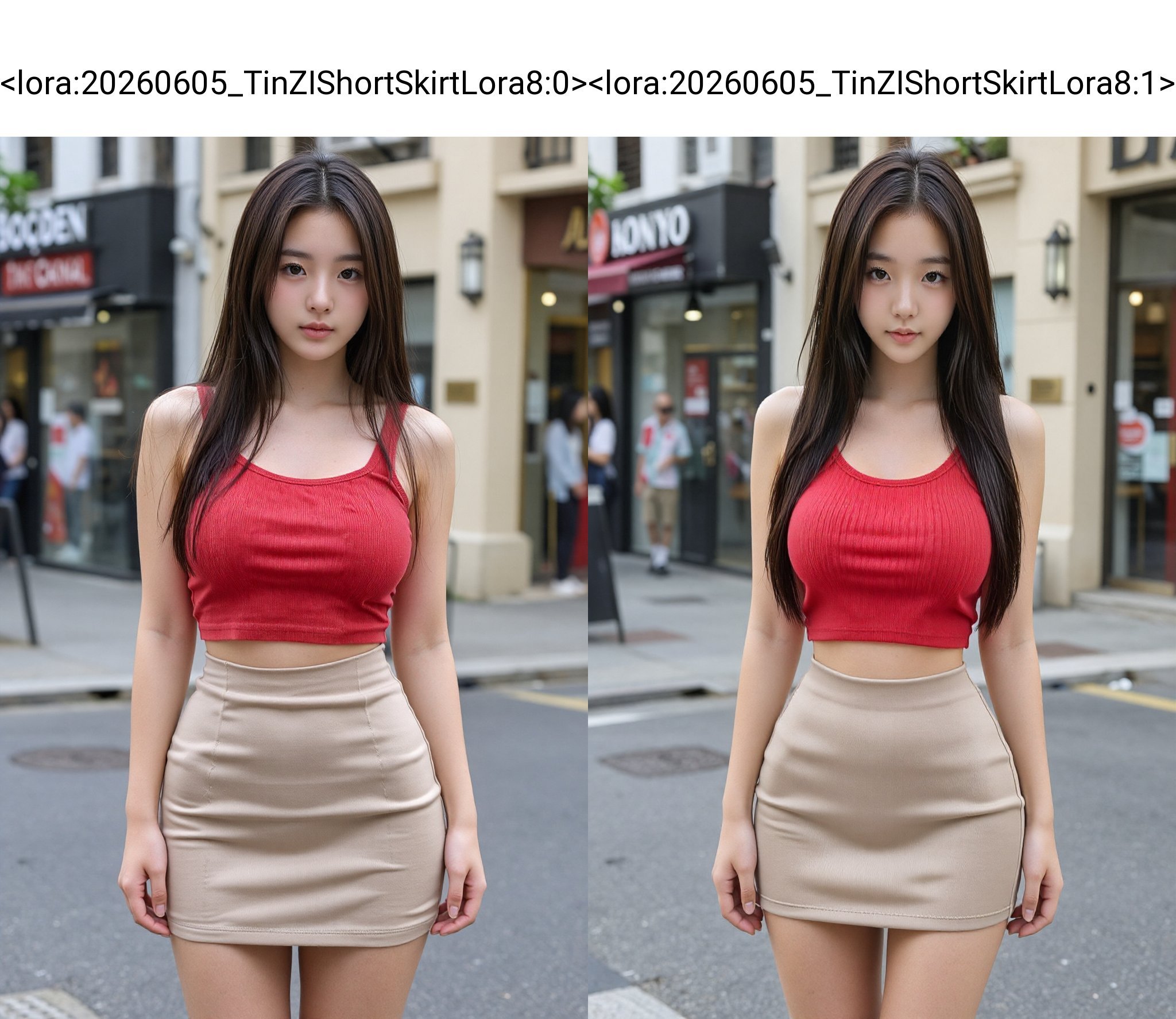 ultra mini short skirt,  A photograph of a young Asian woman with fair skin and long,  straight dark brown hair. She has a...