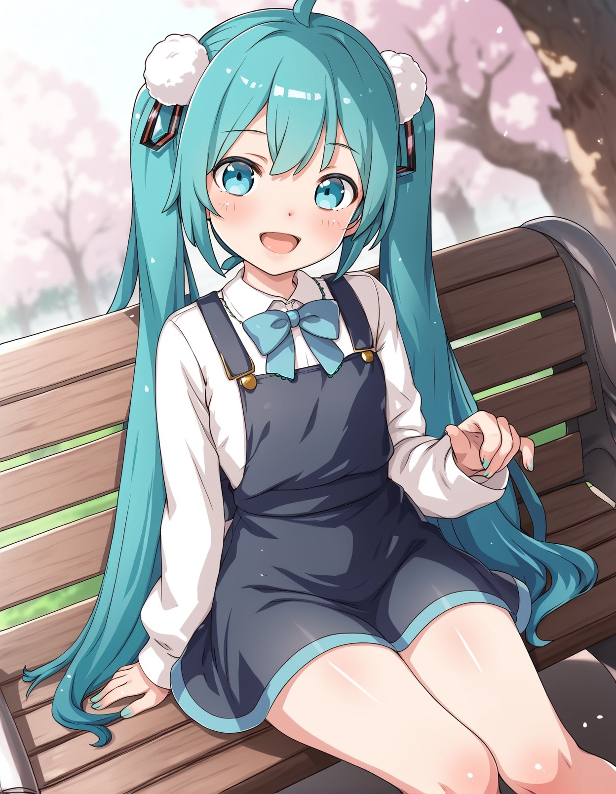 score_9, score_8_up, score_7_up,score_6_up,score_5_up,score_4_up,  1girl sitting on a park bench, dutch angle, smile, blush, looking at viewer, hatsune miku, hair ornament, shigure ui \(vtuber\), pinafore dress, long sleeves, open mouth, bowtie, pom pom hair ornament, blue dress,  <lora:samneco_style_pony6_v2-000034:1>