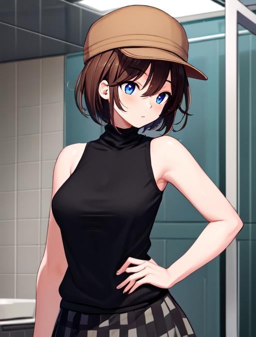 best quality, masterpiece, highres, detailed, digital artwork, <lora:Detail - add_detail:0.2>, HelgaHaruka, blue eyes, brown hair, short hair, brown hat, black sweater, sleeveless turtleneck, checkered skirt, <lora:Character - HelgaHaruka:0.8>,bathroom, hurt, long skirt,