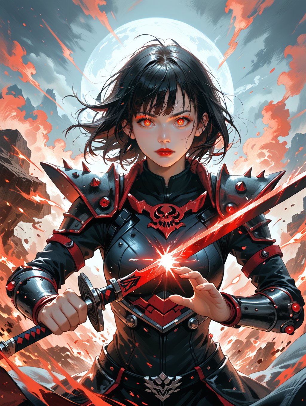 score_9, score_8_up, score_7_up,BREAKa stunning female hellknight, spiky armour, no helmet, glowing eyes, dark hair, bangs, dark eyeshadow, thin red lips, holding huge sword glowing red, dynamic pose, volcanic background