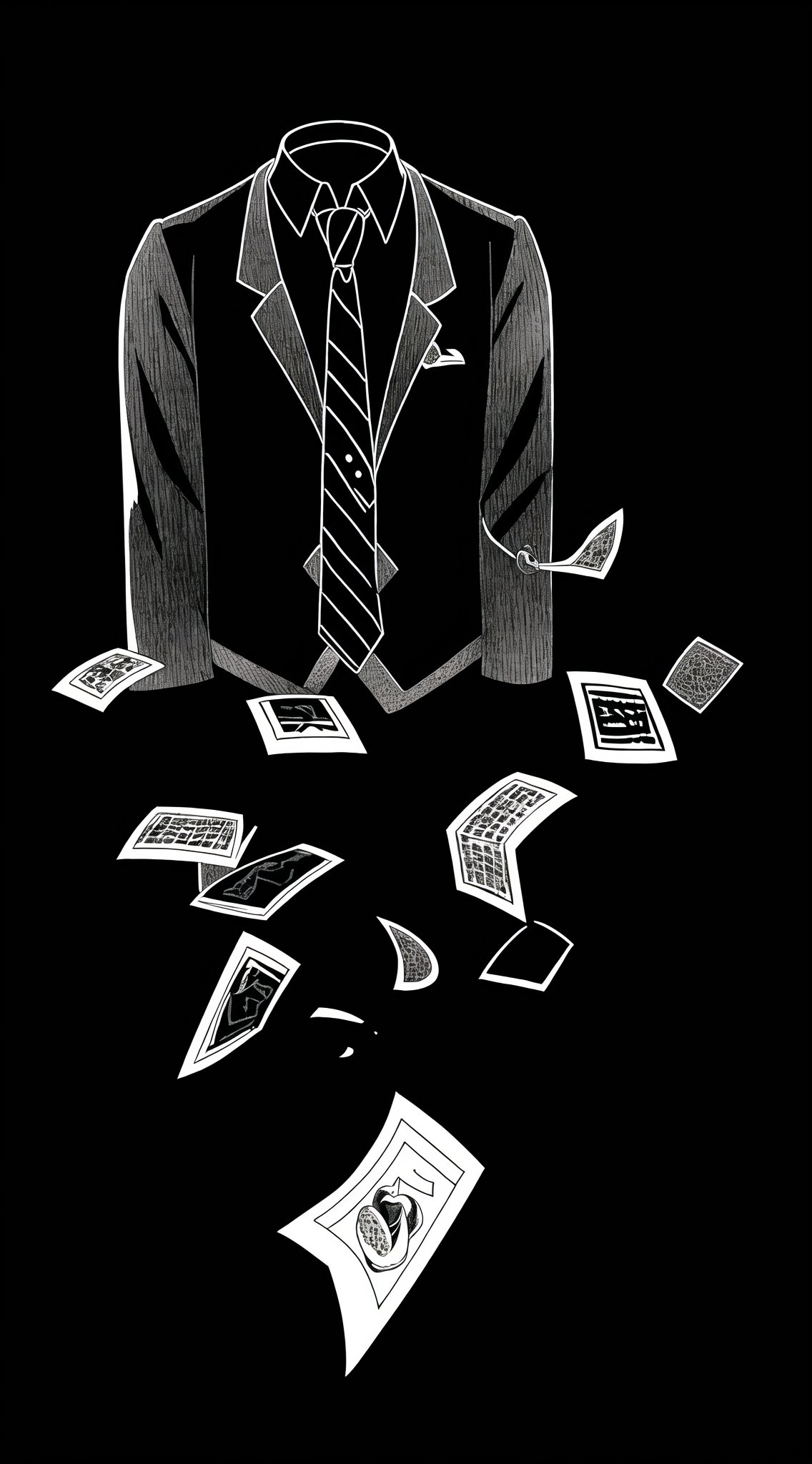 mty,black background, formal, greyscale, letterboxed, male focus, monochrome, necktie, shirt, solo, striped, suit, transparent background, black background, food, transparent background