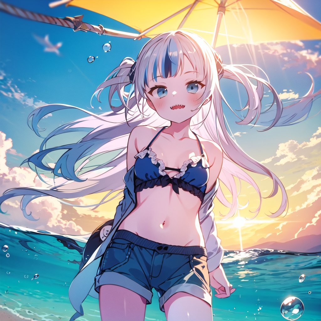 best quality,masterpiece,absurdres,gura,<lora:gura_20231202005931-000010:0.8>,gawr_gura,ocean,virtual_youtuber,1girl,cloud,bubble,swimsuit,water_drop,outdoors,bikini,sky,bare_shoulders,horizon,cloudy_sky,silver_hair,water,long_hair,blue_eyes,air_bubble,multicolored_hair,day,bare_arms,sharp_teeth,collarbone,shorts,streaked_hair,two_side_up,beach,looking_at_viewer,blue_sky,blush,