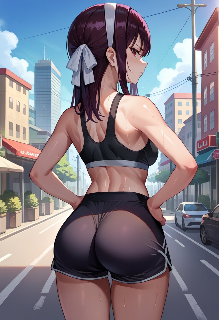 score_9, score_8_up, score_7_up, source_anime, from behind, solo, 1girl, ultear milkovich, sweat, expressionless, looking back, hands on own hips, hair ribbon, white hairband, red eyes, black sports bra, black shorts, ass, outdoors, city street <lora:fairytail_ultearmilkovich_ponyXL:1>