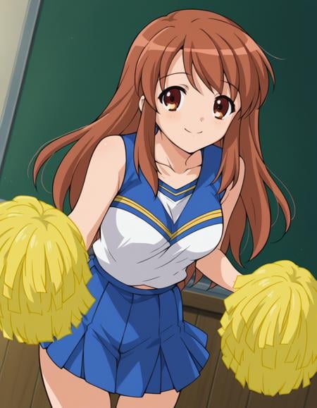 score_9, score_8_up, score_7_up, source_anime,mikuruasahina,  <lora:mikuru-asahina-s1-ponyxl-lora-nochekaiser:1>,mikuru asahina, long hair, brown hair, brown eyes,skirt, pleated skirt, blue skirt, cheerleader, pom pom \(cheerleading\), sleeveless,indoors, classroom, bent over, smile,looking at viewer, dutch angle, cowboy shot, solo,