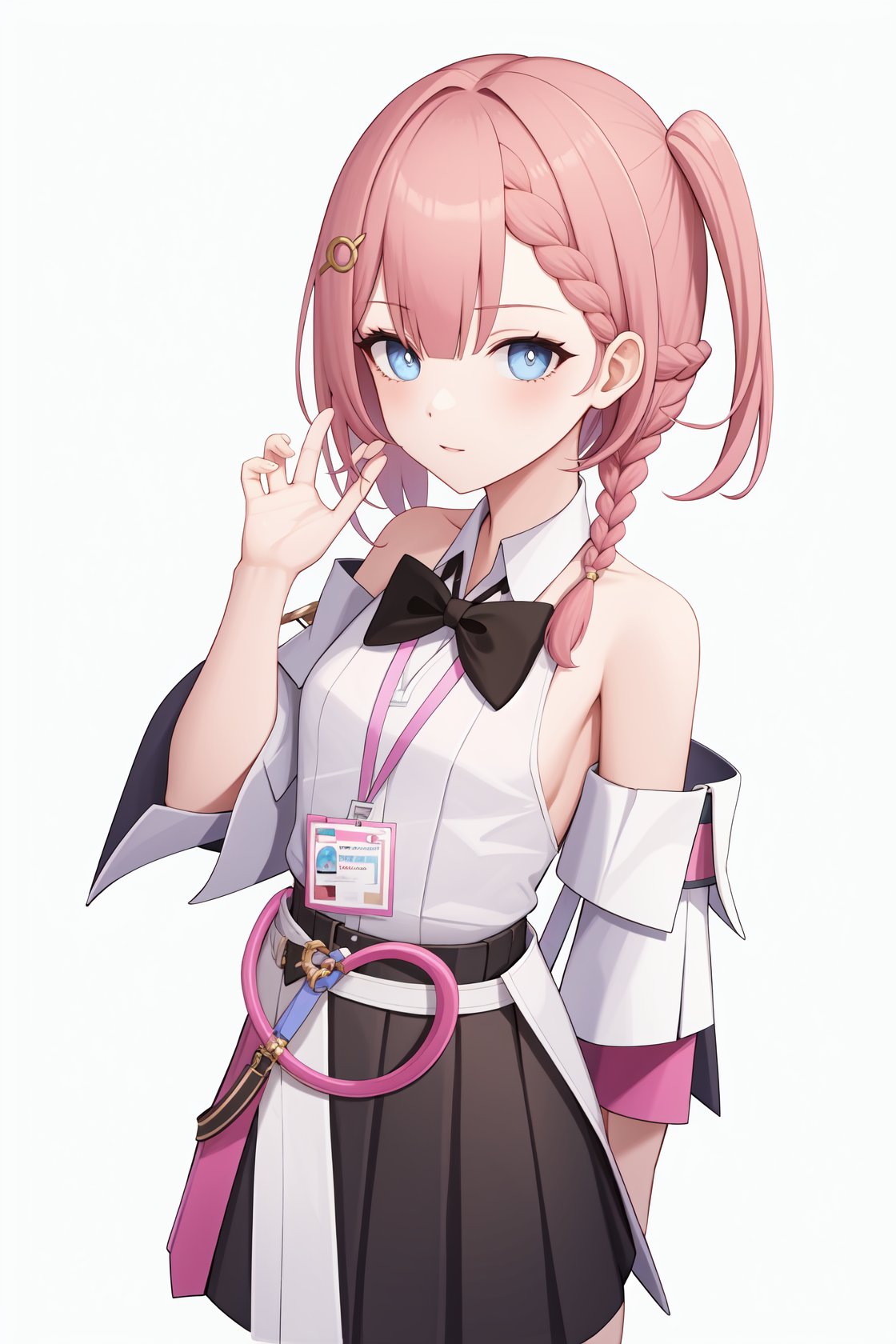 <lora:艾丝妲v2:1:lbw=char>,asta,1girl,pink hair,braid,hair ornament,white shirt,bare shoulders,long hair,detached sleeves,sleeveless shirt,black skirt,id card,bowtie,, (masterpiece,best quality:1.2),absurdres, high quality,