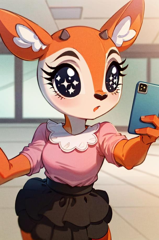 1girl, (anthro furry:1.2), TsunodaCzar, (big eyes:1.4, two-toned fur, orange fur, black eyes, deer ears, horns, snout), (pink blouse, black skirt), (interior, office), (selfie:1.4), (masterpiece:1.2), hires, ultra-high resolution, 8K, high quality, (sharp focus:1.2), clean, crisp, cinematic, <lora:Tsunoda-10:1>