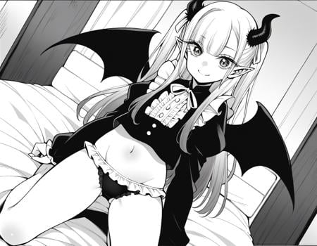 score_9, score_8_up, score_7_up, source_anime,marinkitagawa, <lora:marin-kitagawa-manga-ponyxl-lora-nochekaiser:1>,marin kitagawa, long hair, bangs, monochrome, greyscale,shirt, long sleeves, navel, underwear, panties, frills, wings, horns, pointy ears, midriff, puffy sleeves, blunt bangs, stomach, two side up, cosplay, demon girl, demon horns, white ribbon, black wings, demon wings, frilled shirt, frilled panties,indoors, bed, bed room, kneeling, smile,looking at viewer, cowboy shot, dutch angle, solo,