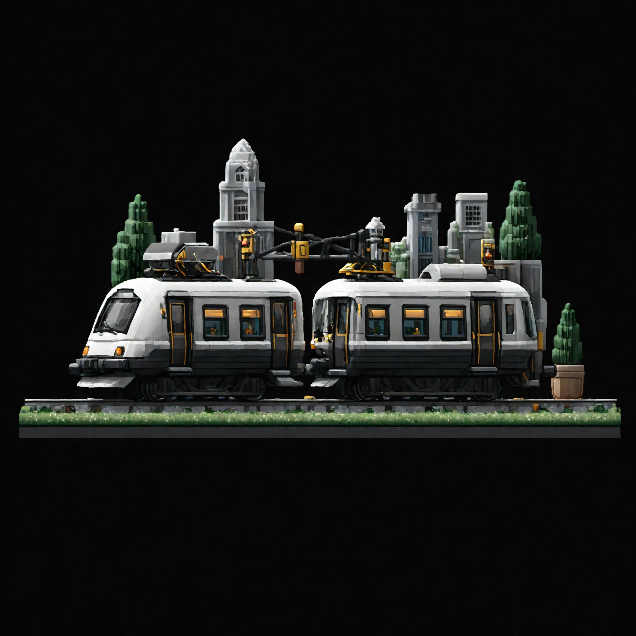 tssj,pixel art,tssj, transparent background, building, black background, faux figurine, city, train