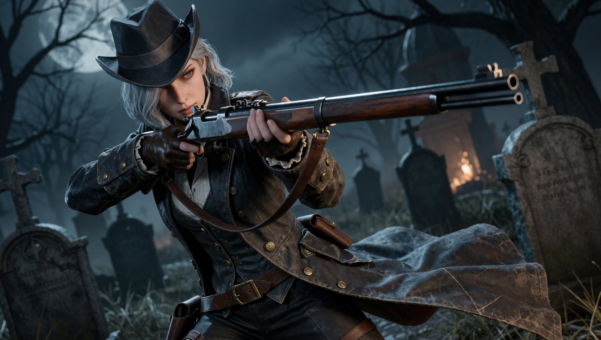 photorealistic image of Lady Marta as a sharpshooter,  silver hair under her hat,  in a dynamic rifle stance by Aderek514...
