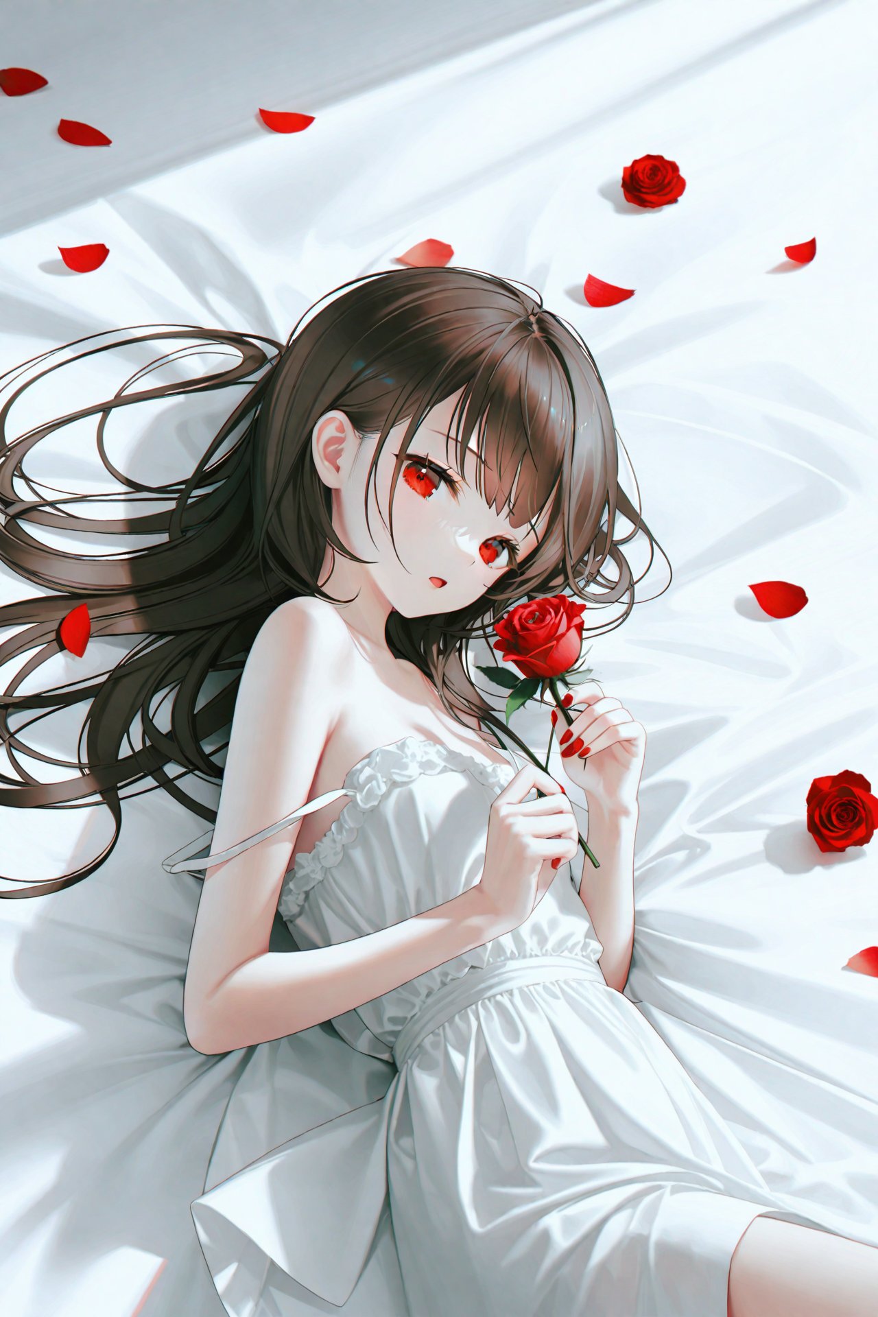 masterpiece,best quality,illustration,ultra detailed,hdr,Depth of field,(colorful),[Artist chen bin],[iumu],[Artist omone hokoma agm],Artist roha,1girl,solo,petals,red eyes,long hair,lying,brown hair,flower,on back,rose,looking at viewer,strap slip,open mouth,nail polish,red flower,bare shoulders,rose petals,bed sheet,bare arms,dress,white dress,red rose,sleeveless,red nails,breasts,sleeveless dress,holding,curtains,