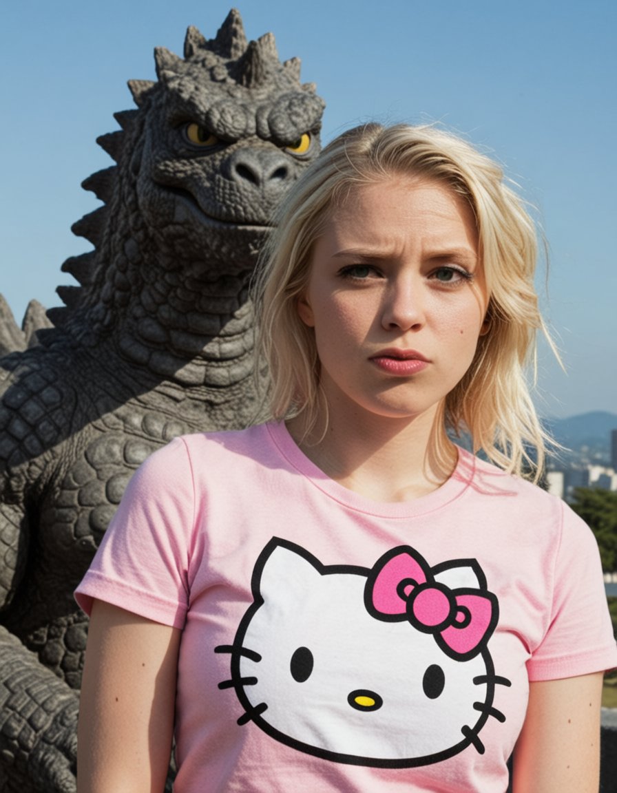beautiful blonde girl with a pink hello kitty t-shirt,  godzilla in the background is judging you too by Electric Dreams o...