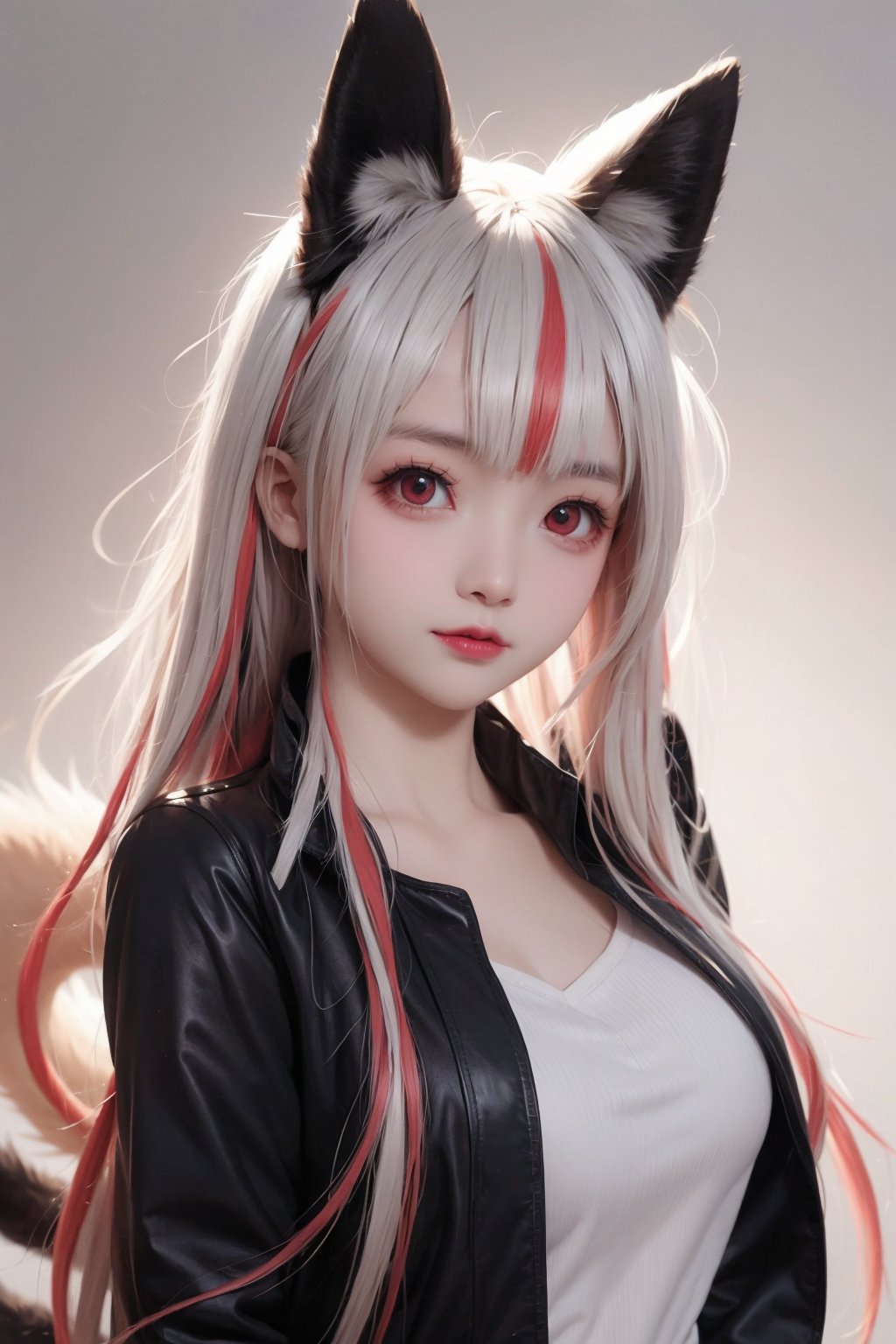 1girl,animal_ears,red_eyes,solo,v,tail,smile,multicolored_hair,red_hair,hair_ornament,jacket,fox_ears,looking_at_viewer,two-tone_background,black_jacket,(streaked_hair:1.4),animal_ear_fluff,fox_girl,blush,fox_tail,x_hair_ornament,upper_body,short_hair,white_shirt,hairclip,shirt,