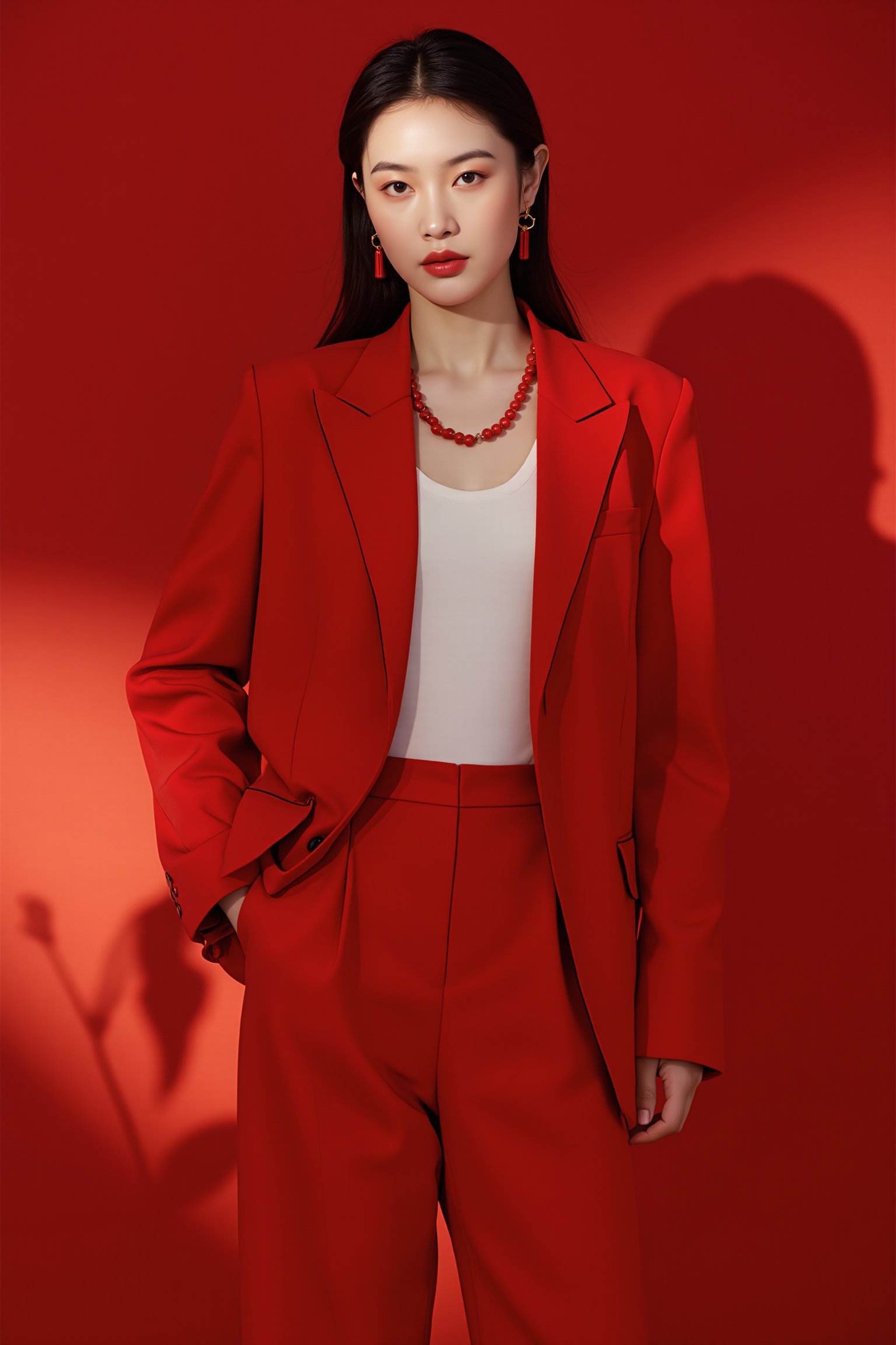 tianhai girl,Young woman, red blazer, red pants, off-white top, red earrings, red necklace, hair falling naturally, refined makeup, gradient red background, shadow of plant leaves<lora:光影人像v2.0:0.8>