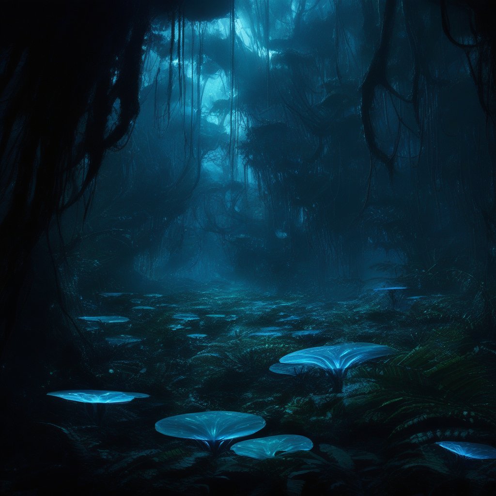 Background concept for the movie “Avatar”, bioluminescent forest, alien planet, beautiful landscape, alien plants