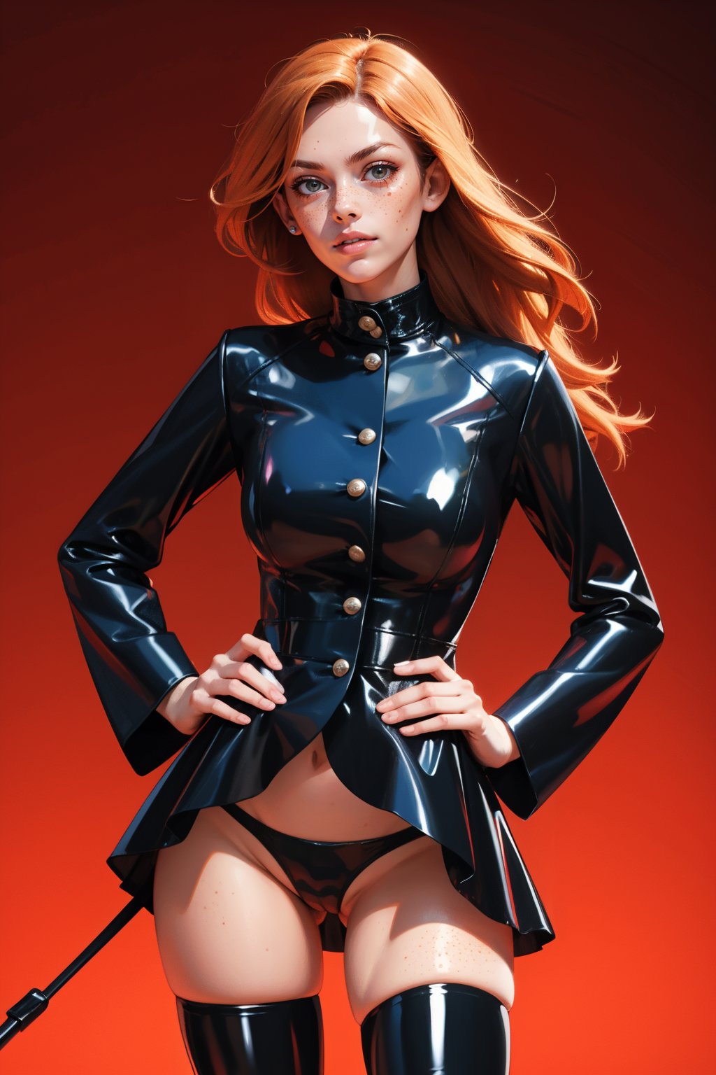 lat3xr1d1ingjack3t, thighhighs, long sleeves, latex underwear, standing, latex jacket, hand on hip, riding crop<lora:lat3xr1d1ingjack3t:0.7> <lora:age_slider_v20:1> <lora:detail_slider_v4:1> , simple background, <lora:Fr3ckles:0.7> Fr3ckles, freckles, long hair, ginger hair, solo, 